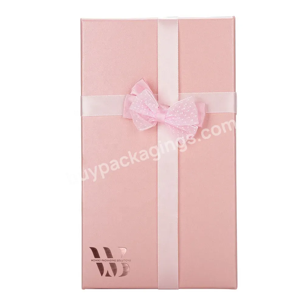 Customized Design Grey Board Gift Box With Lid And Base For Underwear Socks Packaging With Pink Ribbon Bow