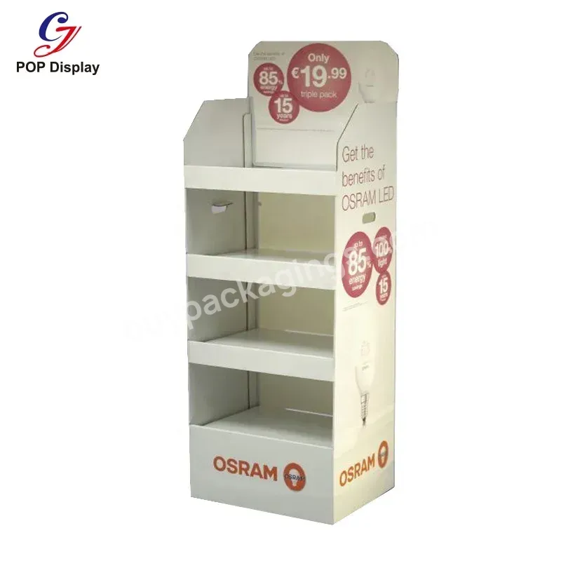 Customized Promotion Led Bulb Paper Display Stand Waterproof Cardboard Corrugated Supermarket Bread Bakery Flooring Shelf Tower