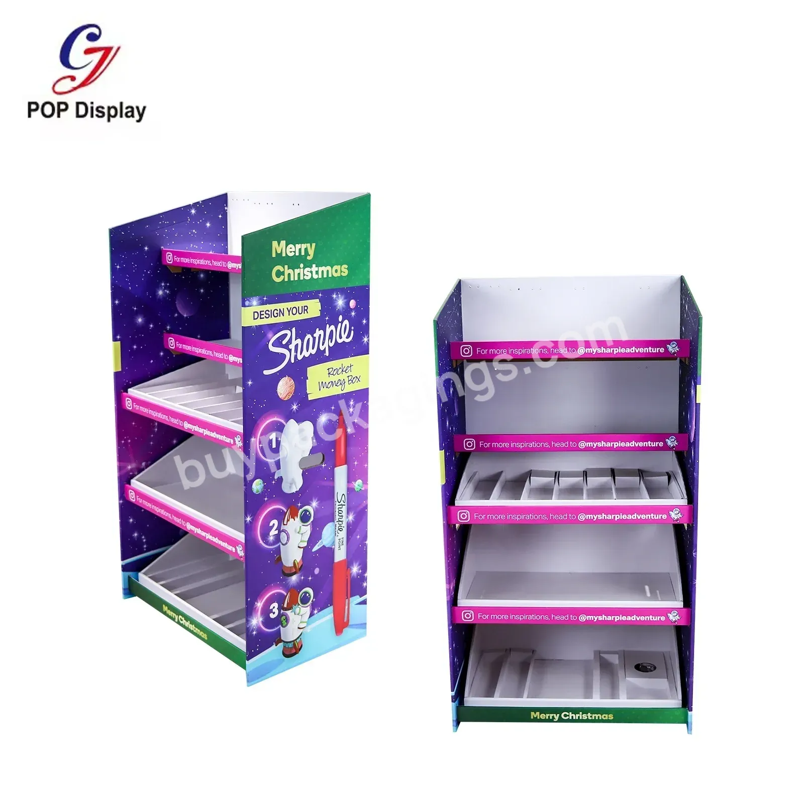 Customized Size 4 Shelves Free Standing Supermarket Cardboard Display Stand Shelf Rack Pop Box Promotion Stationery Marker Pen