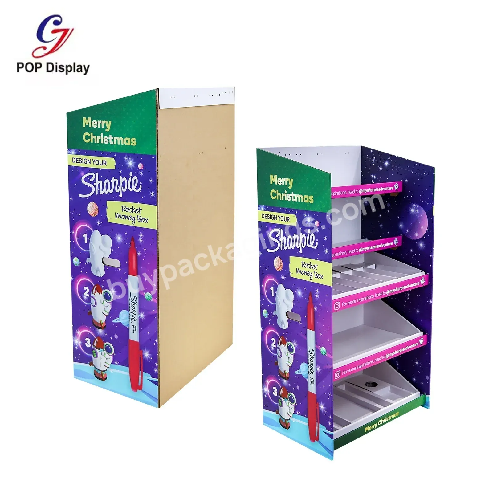 Customized Size 4 Shelves Free Standing Supermarket Cardboard Display Stand Shelf Rack Pop Box Promotion Stationery Marker Pen