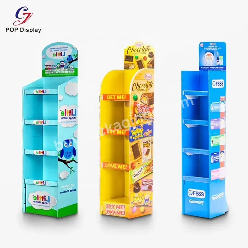 Customized Size Waterproof 3 Tray Paper Shelf Cardboard Stand Printing Corrugated Floor Display Rack For Supermarket Retail Shop