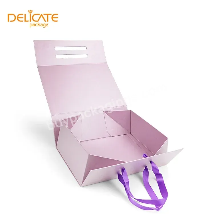 Delicate Custom Logo Printed Paper Flat Pack Rigid Cardboard Purple Foldable Packaging Ribbon Magnetic Closure Folding Gift Box