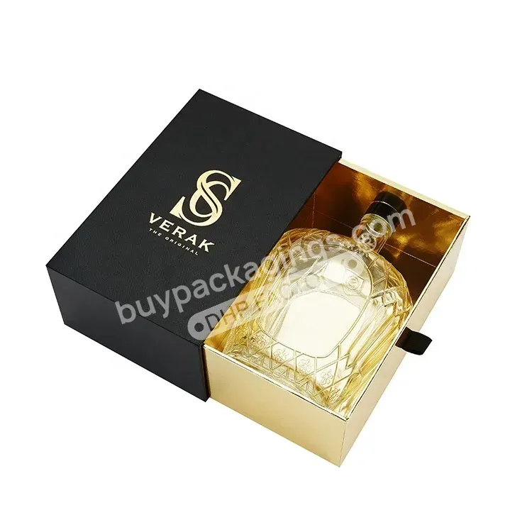 Eco Friendly Gold Hot Stamping Black Cardboard Leather Like Whisky Cognac Brandy Side Box Packaging For Glass Bottle