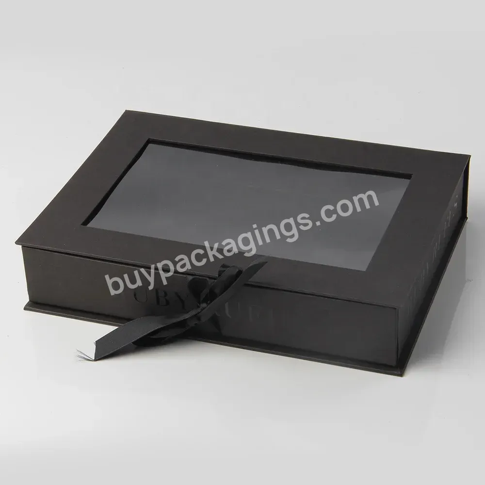 Eco Paper Black Magnetic Window Gift Box Custom Logo Hair Extension Packaging Box With Window