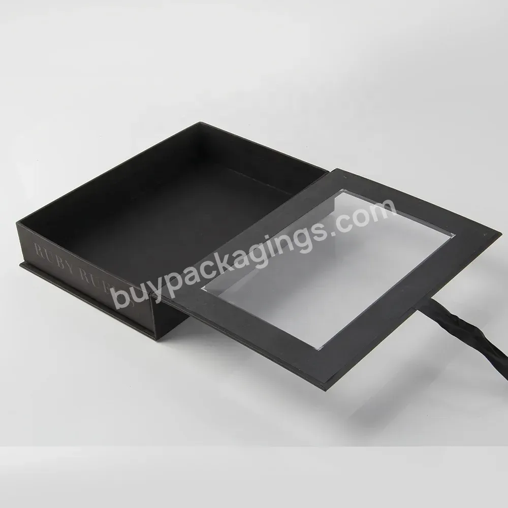 Eco Paper Black Magnetic Window Gift Box Custom Logo Hair Extension Packaging Box With Window