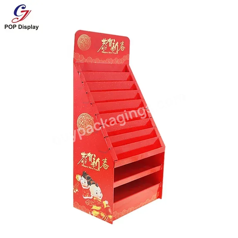 Factory Custom Logo Printed Cardboard Display Pedestal Paper Floor Standing Tiered Shelf Stand Greeting Card Birthday Red Packet