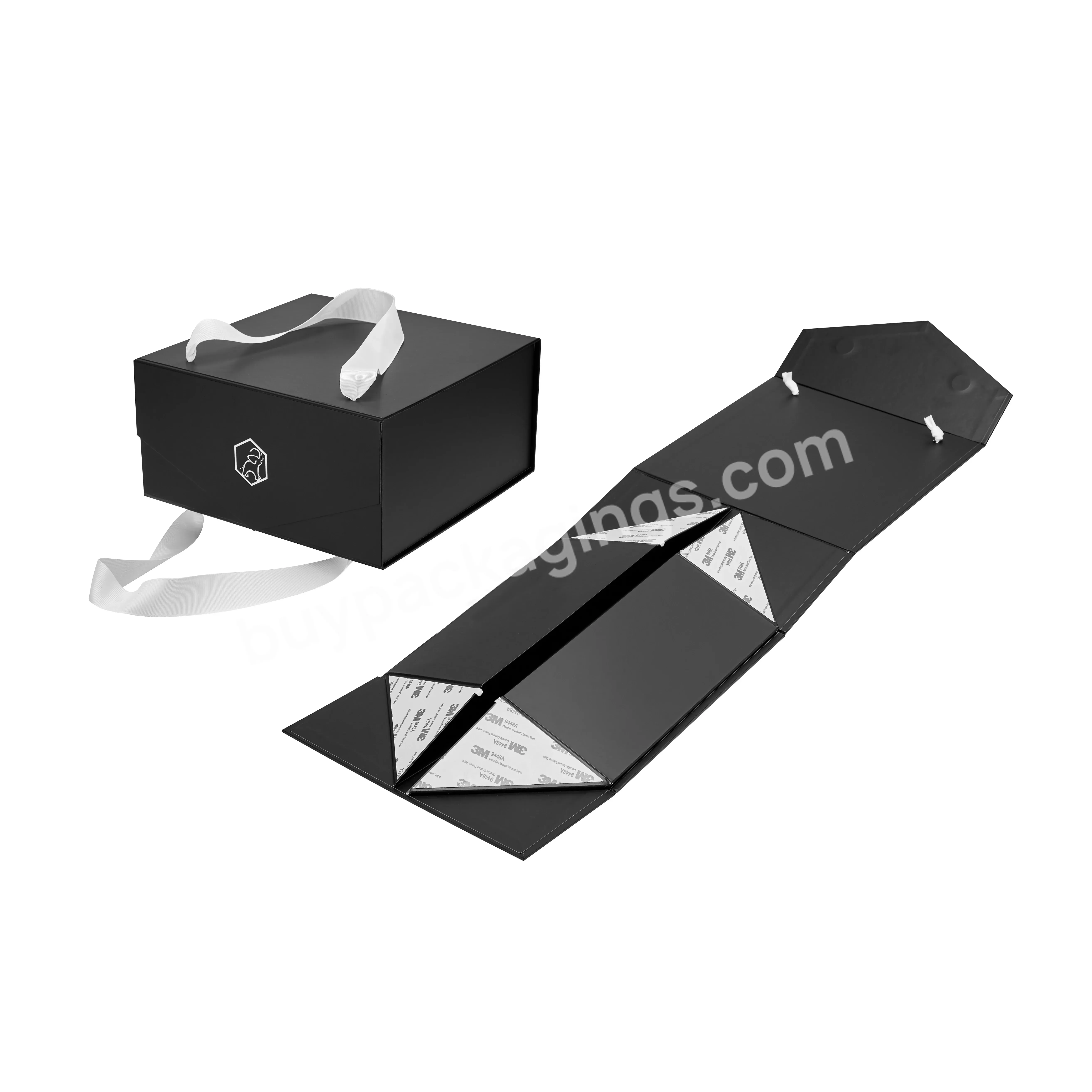 Factory Custom Luxury Black Folding Paper Fold Up Package Packaging Gift Boxes With Magnetic Closure And Ribbon Handle