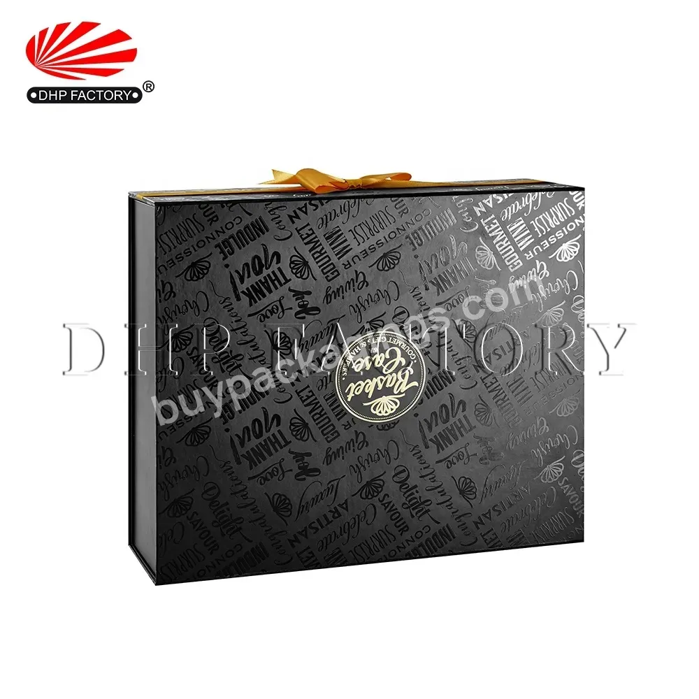 High End Design Cardboard Paper Printing Black Uv Coating Treatment Folding Magnetic Closure Gift Box Packaging With Bow Ribbon