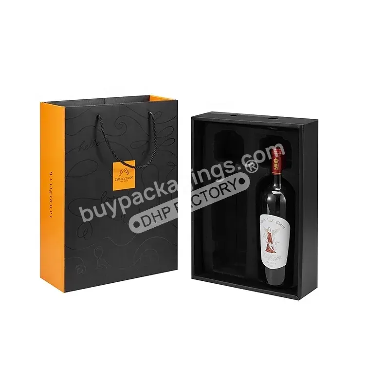 Luxury Custom Black Rigid Box Clear Shining Logo With Paper Bag Rope Wine Champagne Bottle Sliding Drawer Gift Box
