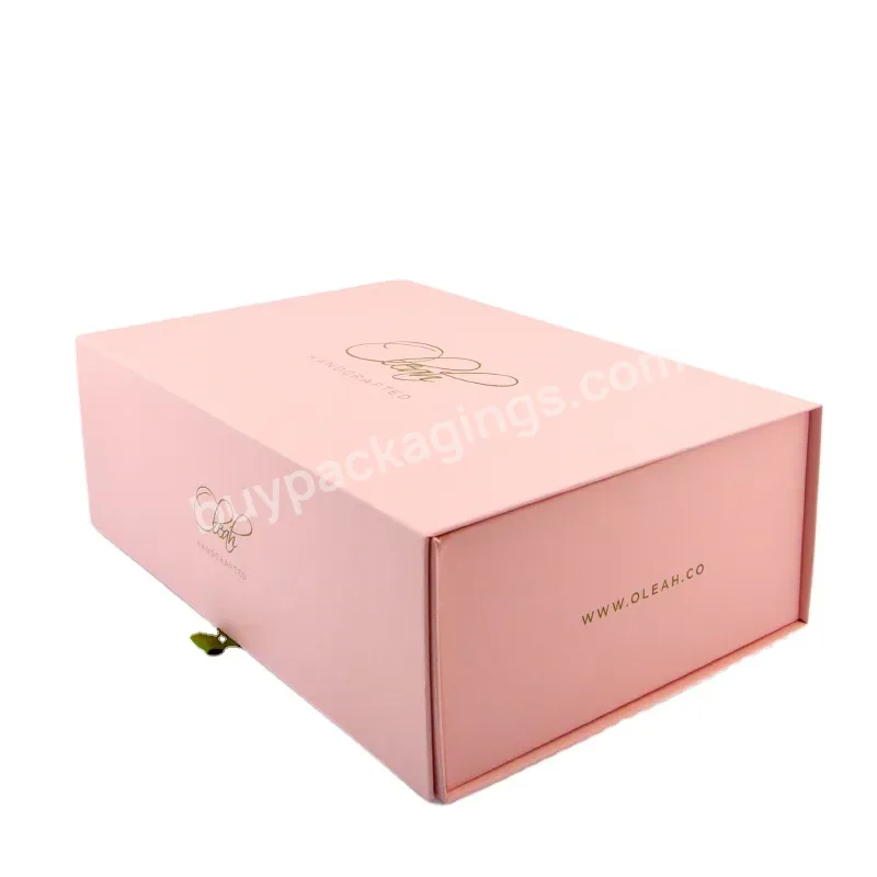 Luxury Pink Color Folding Cardboard Hot Stamping Gold Foil Packing Gift Wedding Storage Paper Boxes With Ribbon