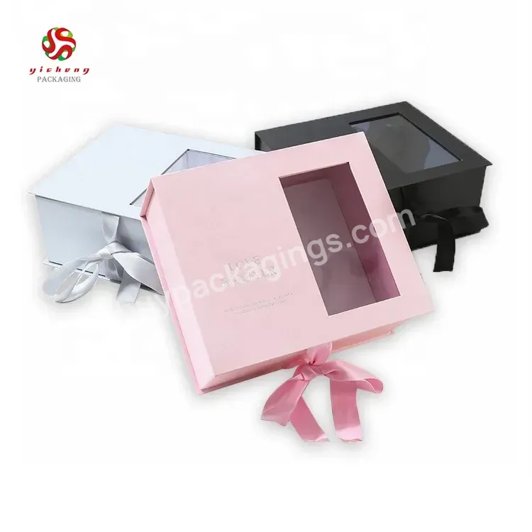 Manufacture Wholesale Custom Logo Magnetic Closure Collapsible Gift Box With Pvc Window Satin Ribbon