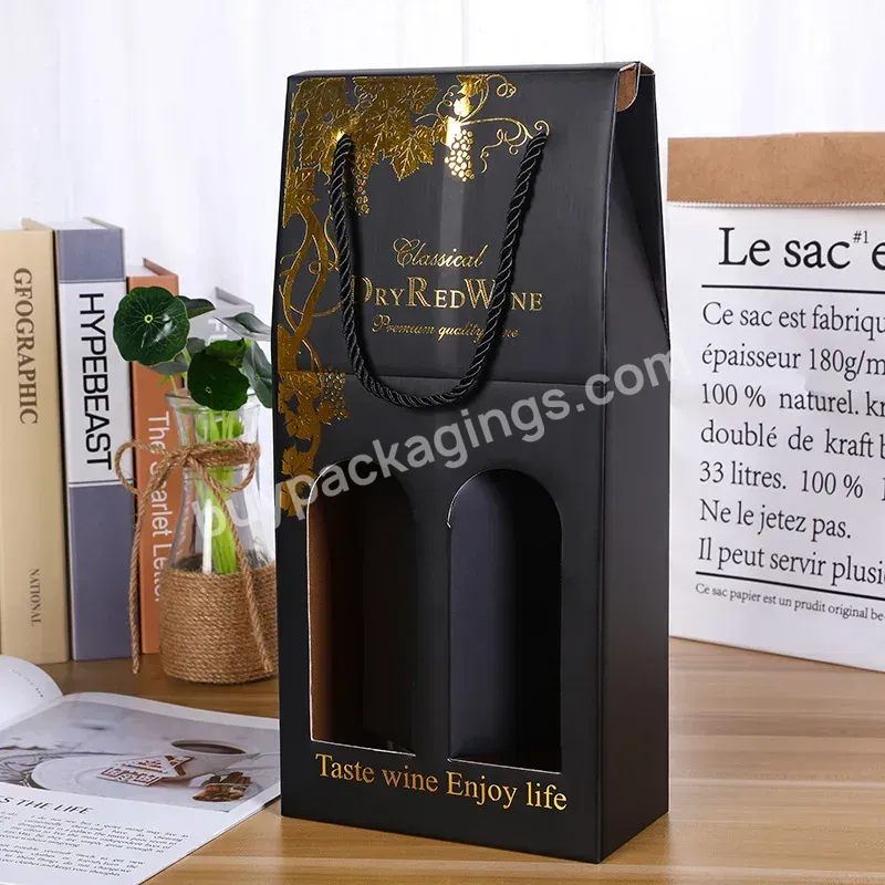 Manufacturer Custom Red Wine Beer Paper Boxes Recyclable Elegant 2 Windows Glas Bottle Wine Packaging Box With Handle