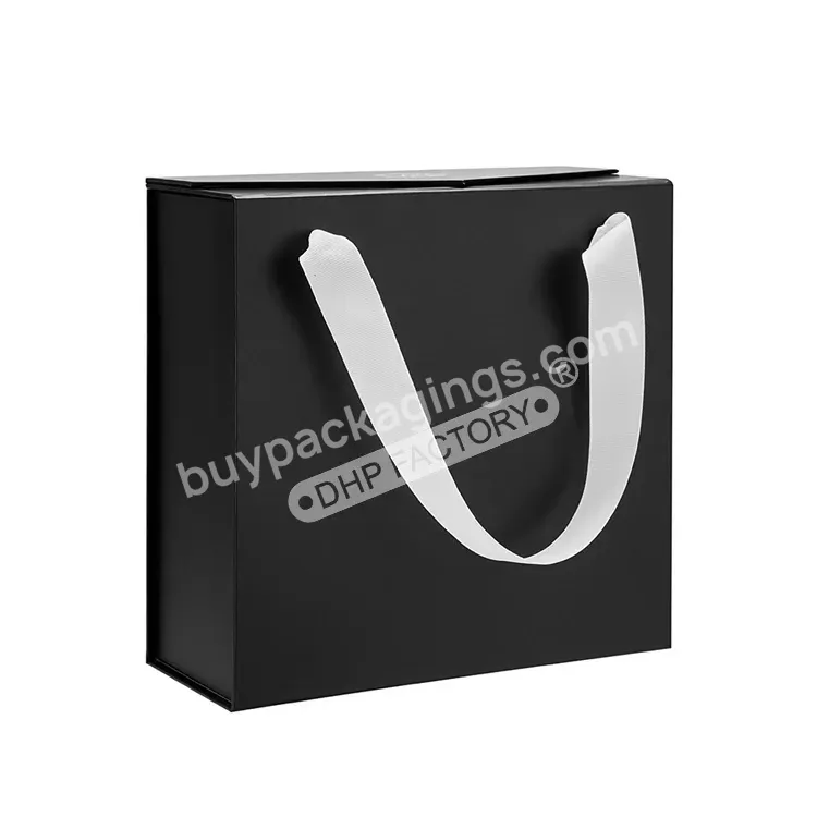 Oem Direct Custom Paper Printed Clothing Packaging Matte Black Rigid Cardboard Magnetic Fold Gift Box With Ribbon Handle