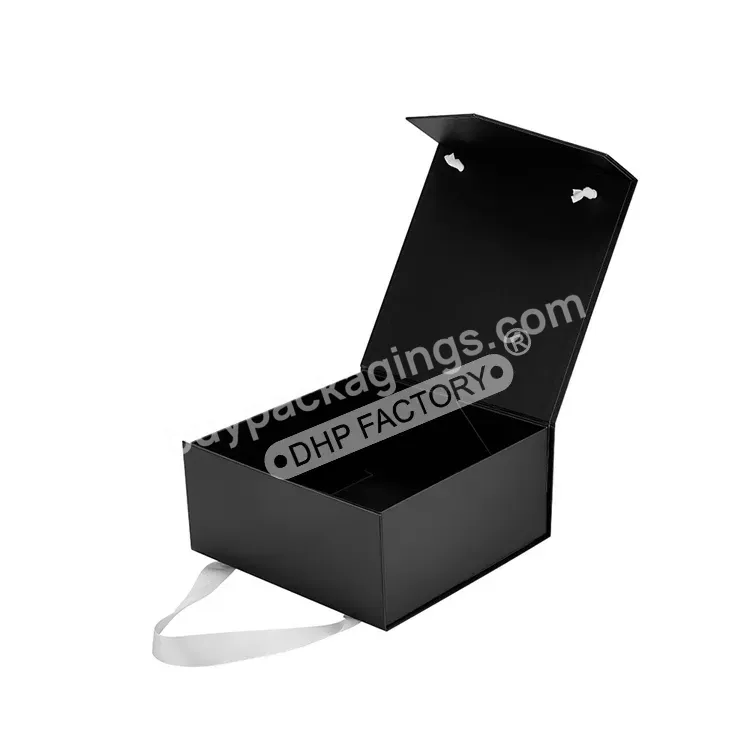 Oem Direct Custom Paper Printed Clothing Packaging Matte Black Rigid Cardboard Magnetic Fold Gift Box With Ribbon Handle