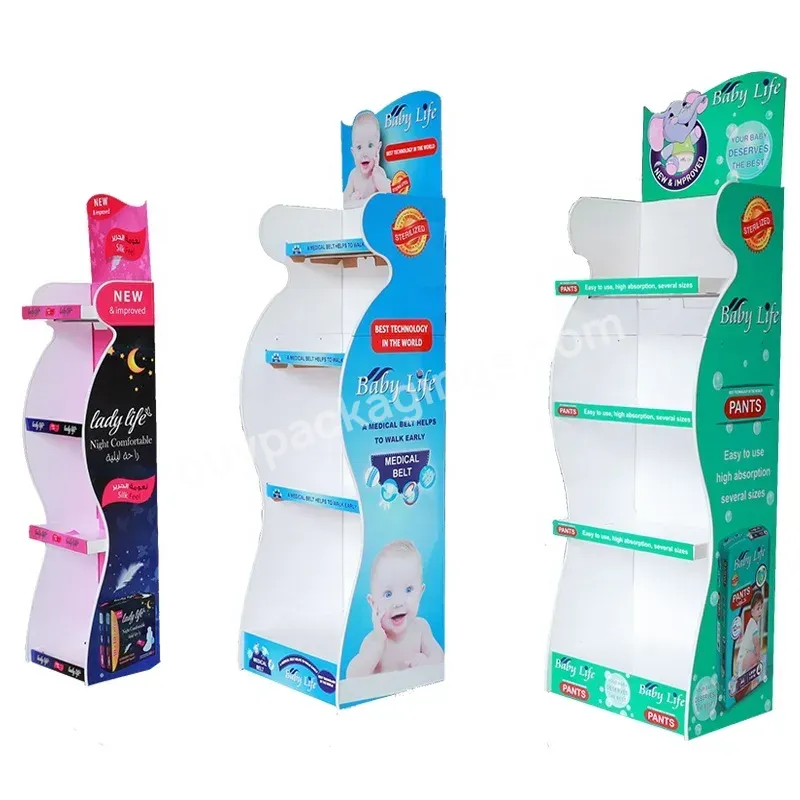 Personality Pop Floor Stand Display Corrugated Paperboard Supermarket Display Stand For Sanitary Napkin Diaper Daily Necessities