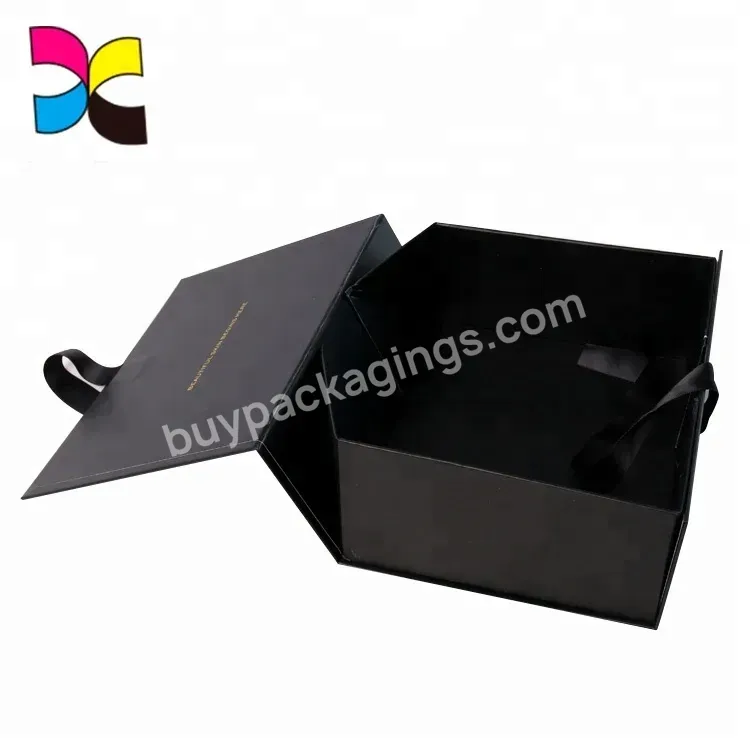 Recyclable Custom Luxury Black Foldable Cardboard Gift Packaging Box With Ribbon