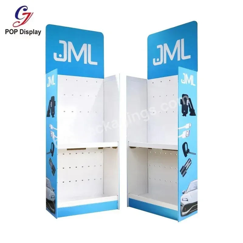 Recycled Material Cmyk Logo Customized Hanging Cardboard Corrugated Floor Display Stand Rack For Slippers Mobile Phone Accessory