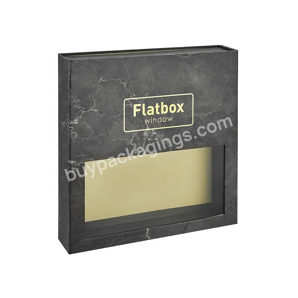 Specail Retro Design Custom Logo Pvc Clear Window Folding Magnetic Lid Black Marble Texture Hard Cardboard Gift Flat Boxes