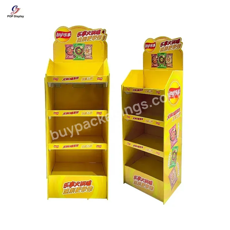 Supplier 4 Tiers Supermarket Display Stands For Food Potato Chips Pop Paper Shelf Tower Rack Market Advertising Floor Display