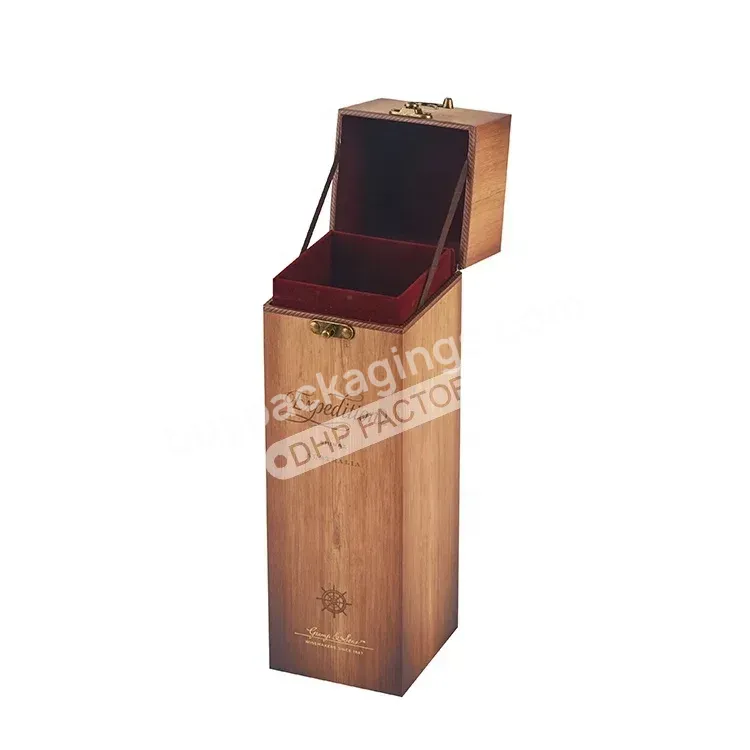 Vintage Luxury Custom Logo Rigid Cardboard Hinged Lid Single Bottle Packaging Wooden Wine Gift Boxes