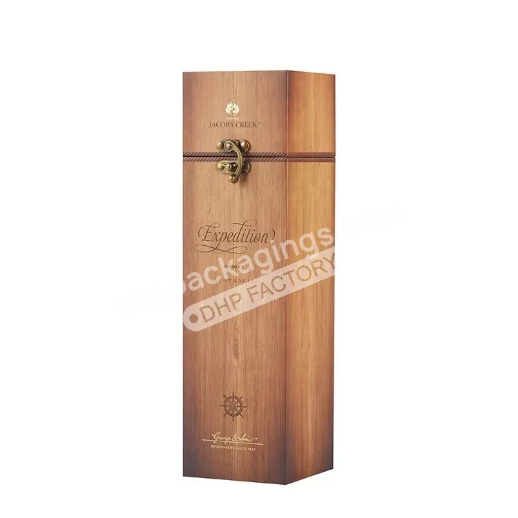 Vintage Luxury Custom Logo Rigid Cardboard Hinged Lid Single Bottle Packaging Wooden Wine Gift Boxes