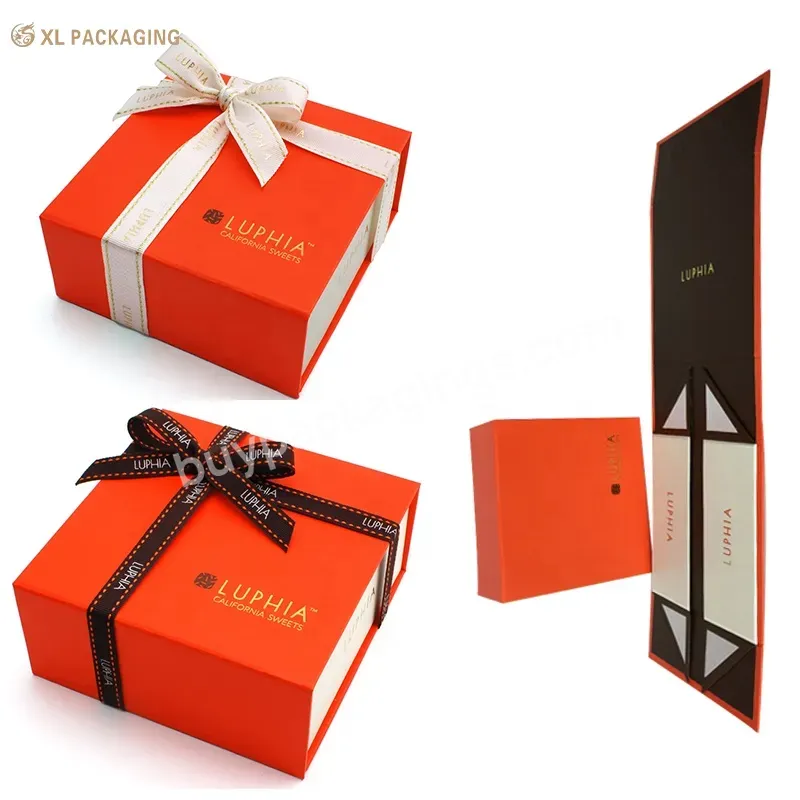 Wholesale Custom Luxury Gold Hot Stamping Logo Orange Printed Hardboard Foldable Gift Paper Box In Flat Shipped
