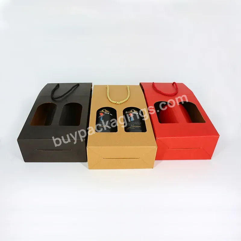 Wholesale Customized 2 Glass Bottles Red Wine Boxes Recyclable Carton Clear Window Wine Packaging Box With Handle