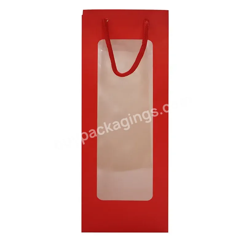 Wholesale Party Favor 1 Bottle Red Wine Juice Paper Bags Recyclable Clear Window Elegant Wine Bags With Handle